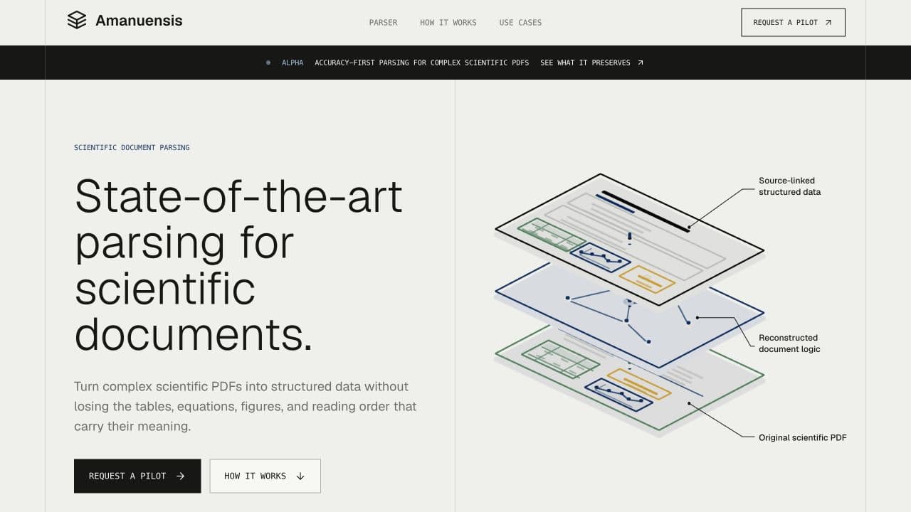 Amanuensis site illustrating a scientific PDF becoming structured document data