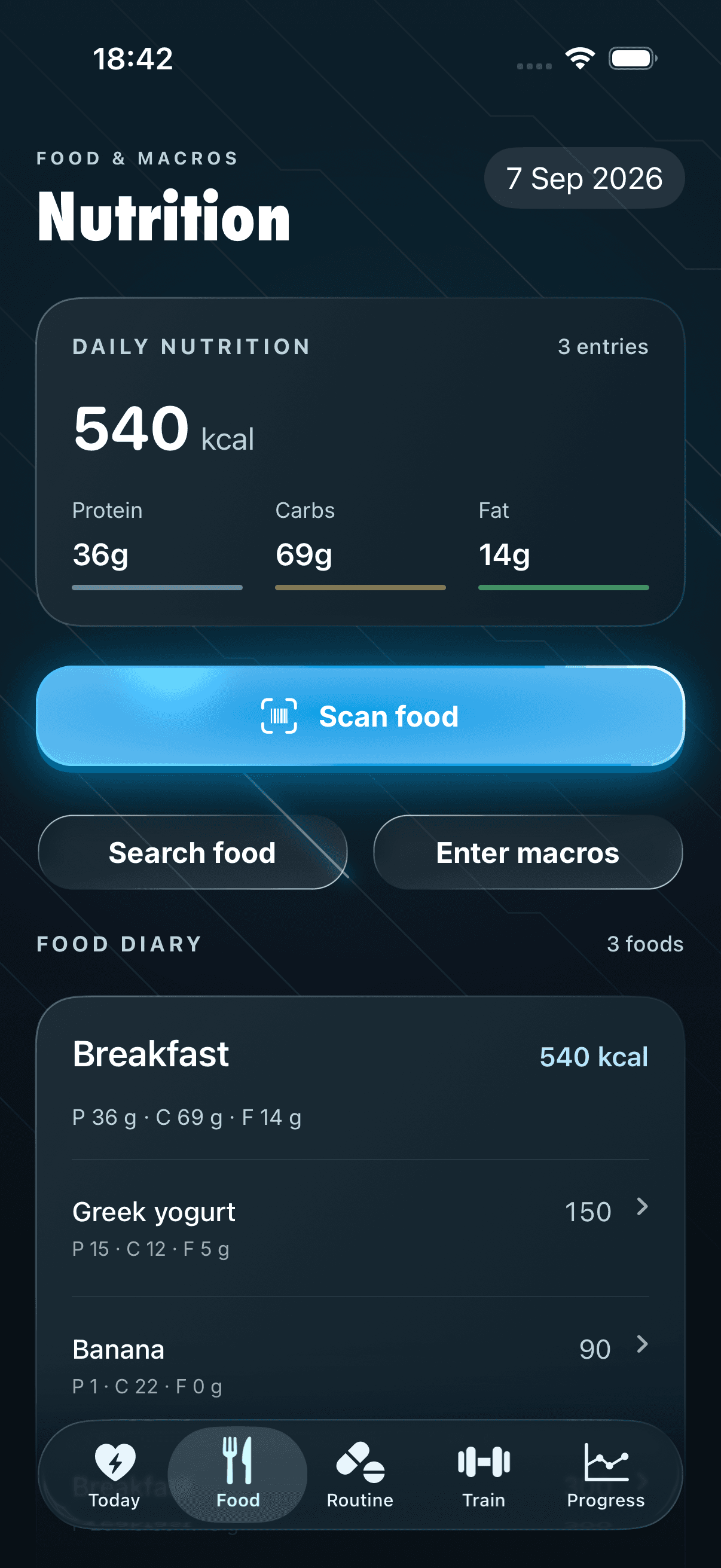 Relentless nutrition screen with a daily food diary