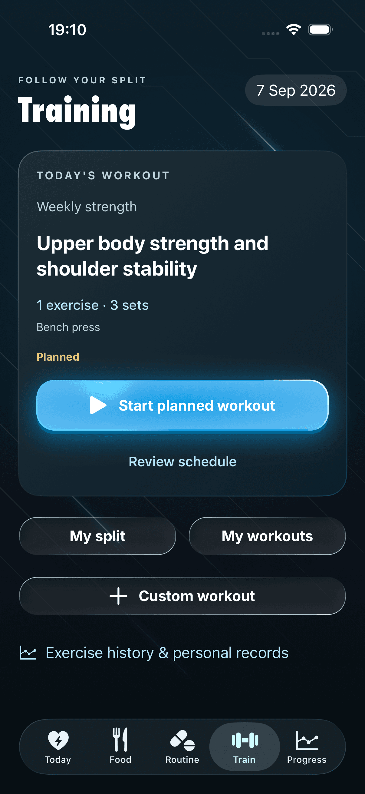 Relentless training screen with a planned workout